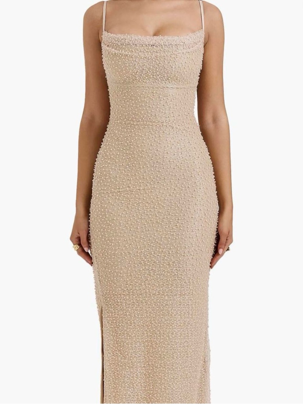 House of CB Nude Beaded Slip Gown